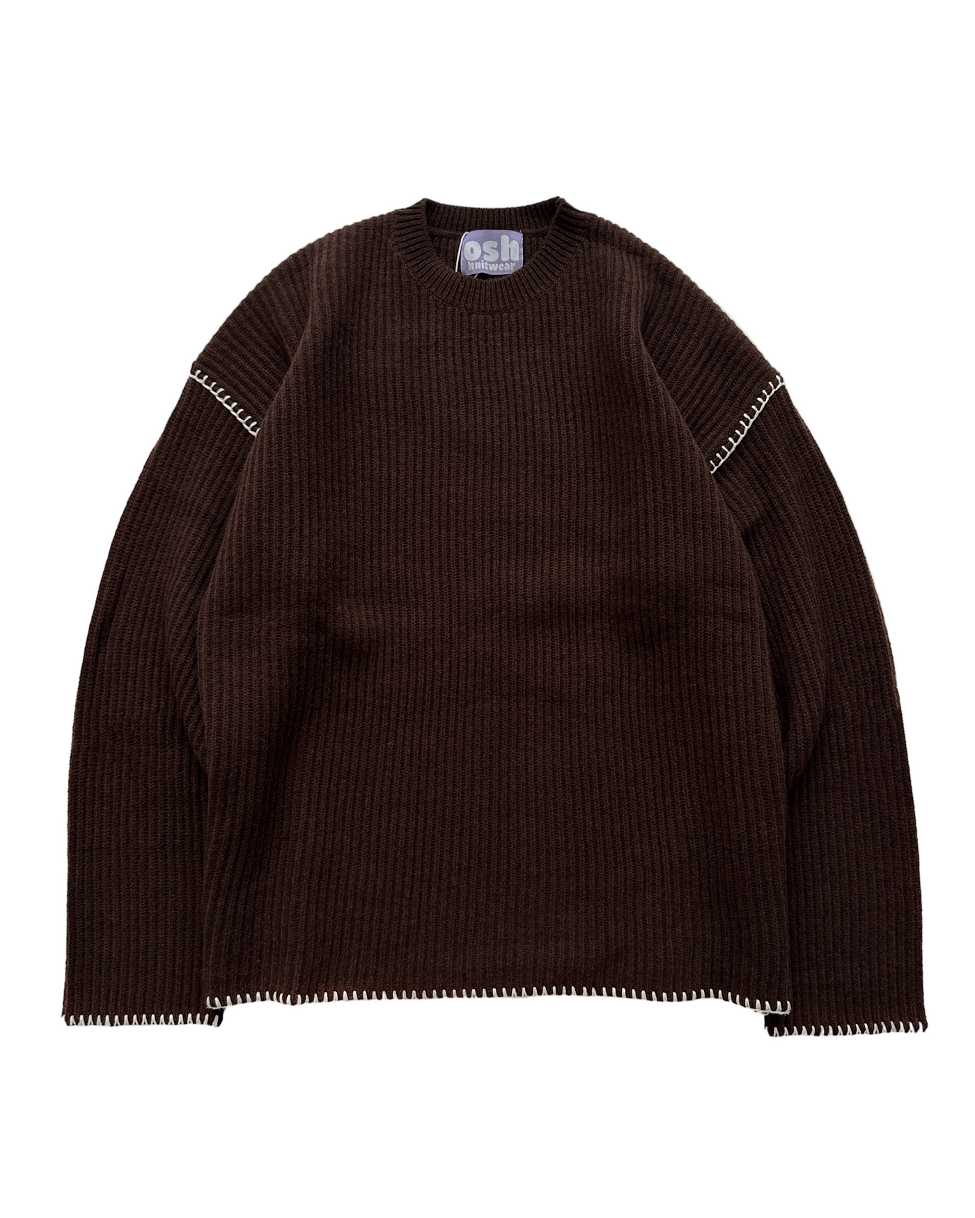 Brown ribbed sweater with white trim on a white background